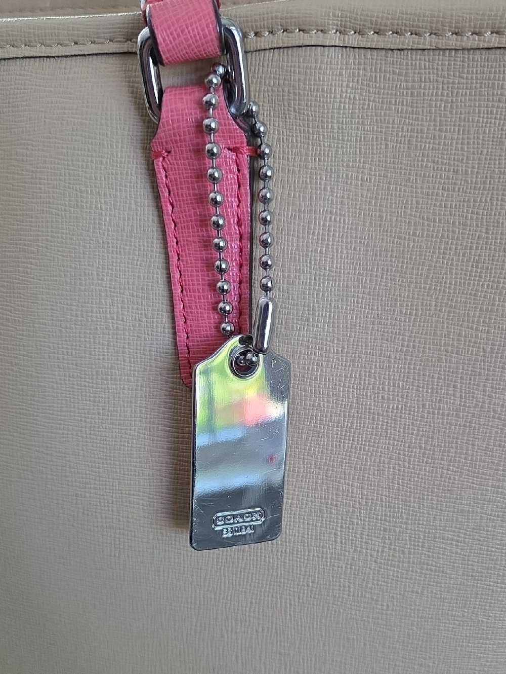 COACH Tan & Coral Pink Saffiano Leather Tote - Picture 4 of 16